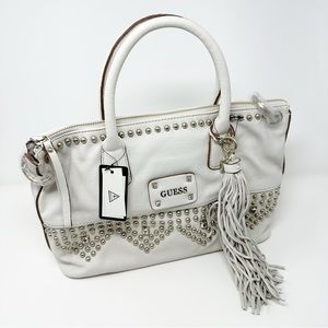 Guess Satchel Crossbody Leather Studded Shoulder Bag Tote w/ Fringe Tassel Charm